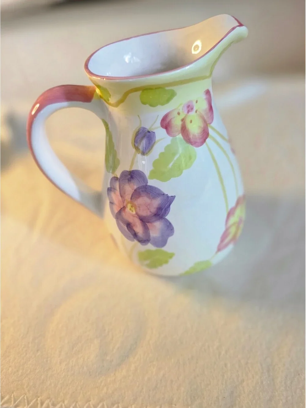 Hand Painted Floral Ceramic Pitcher Vase Pink Purple Green Flowers 7 Inch
